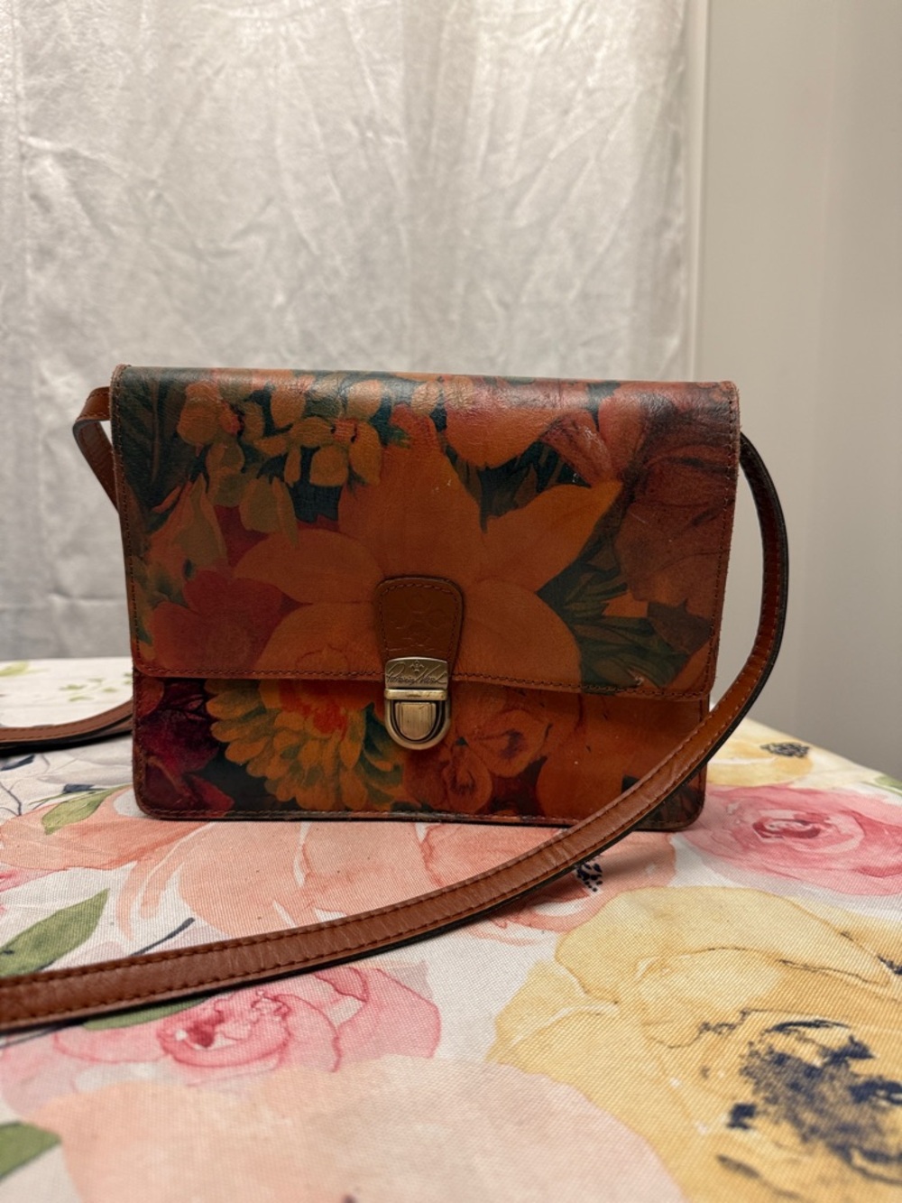 Patricia Nash Brown Floral Leather Crossbody with Green Accents